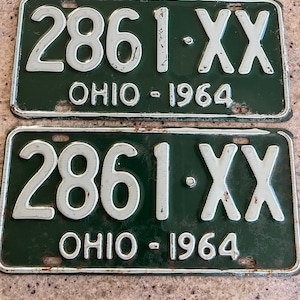 Vintage 1964 Pair of Ohio License Plates Embossed Dark Green & White 2861 XX