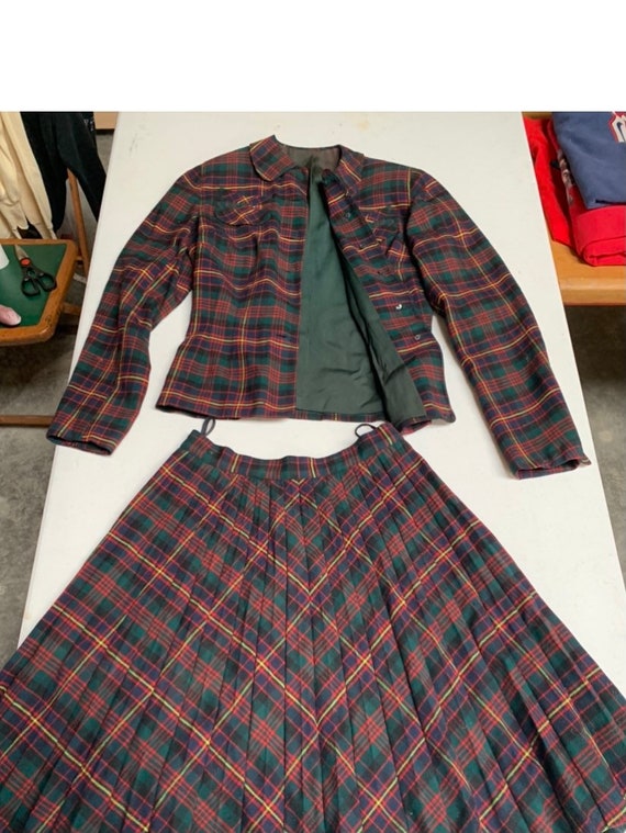 Vintage 60s Wool Plaid Pleated Skirt & Jacket Set… - image 9