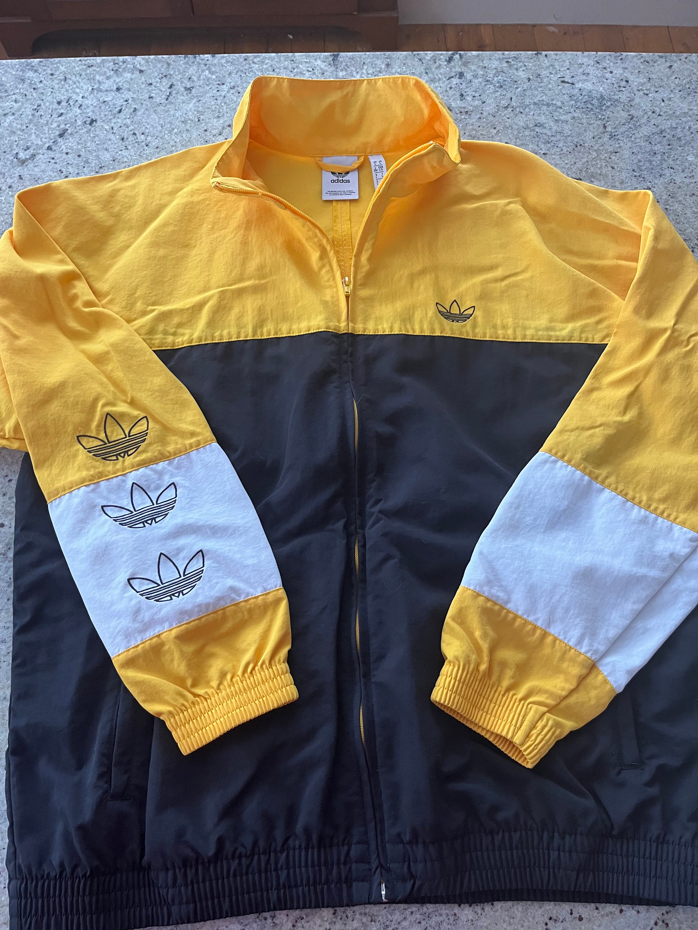 Vintage Adidas Lightweight Coupe Vent Veste Taille Grande Qualite Logos Brodes Full Zip Jaune Bleu Etsy France