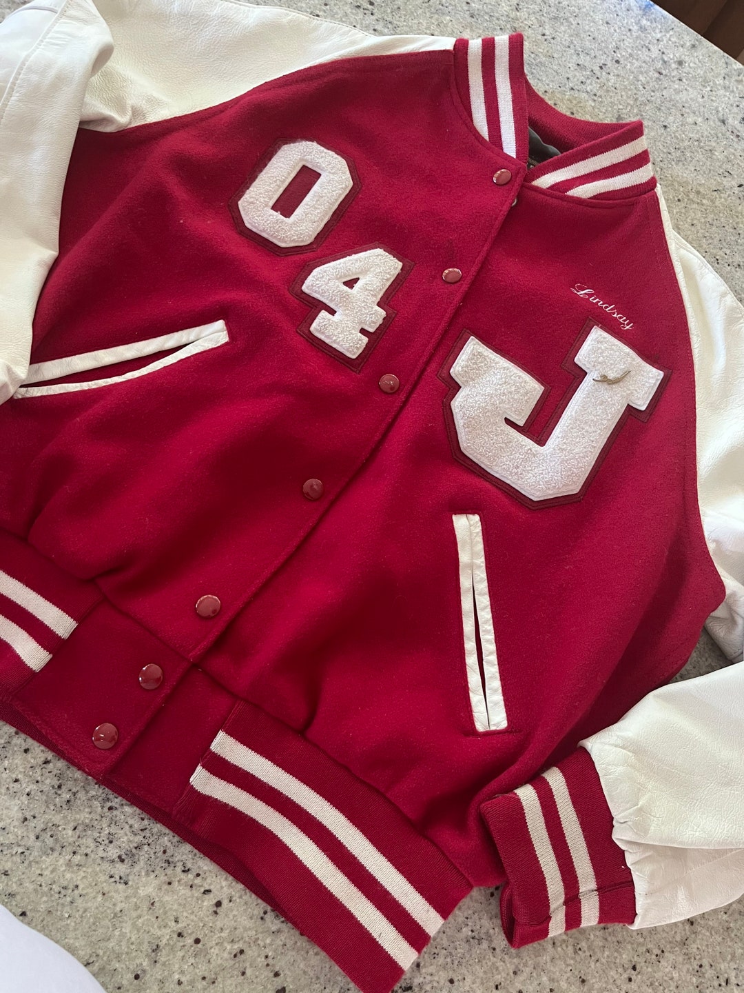 Red & White Varsity Letter J 04 Jacket Size Ladies XL Lindsay Quality ...