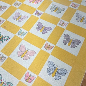 Antique Handmade Butterfly Quilt Yellow White  multi color Beautiful 85 x 70