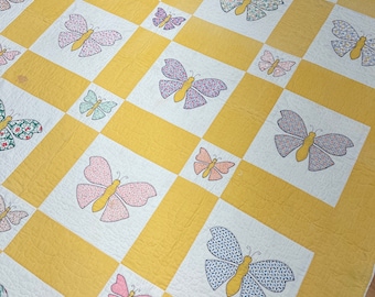 Antique Handmade Butterfly Quilt Yellow White  multi color Beautiful 85 x 70
