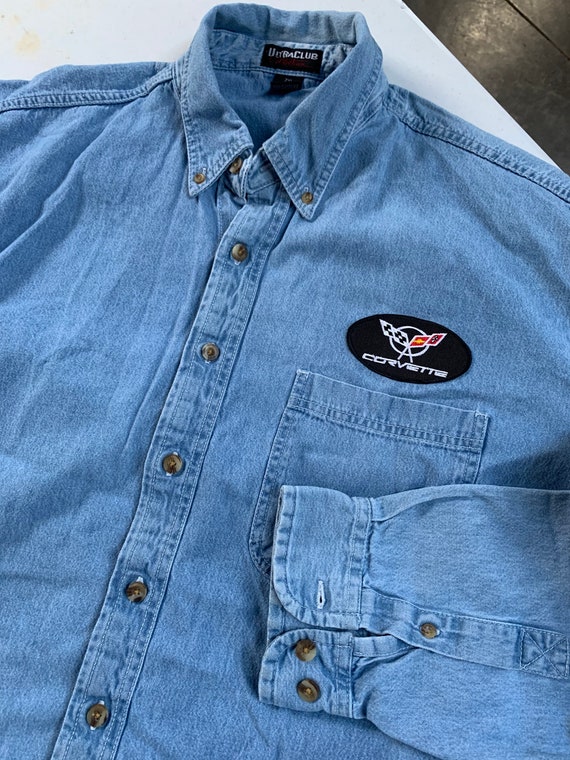 Vintage Chevy Corvette Blue Denim Shirt Size 2XL … - image 9