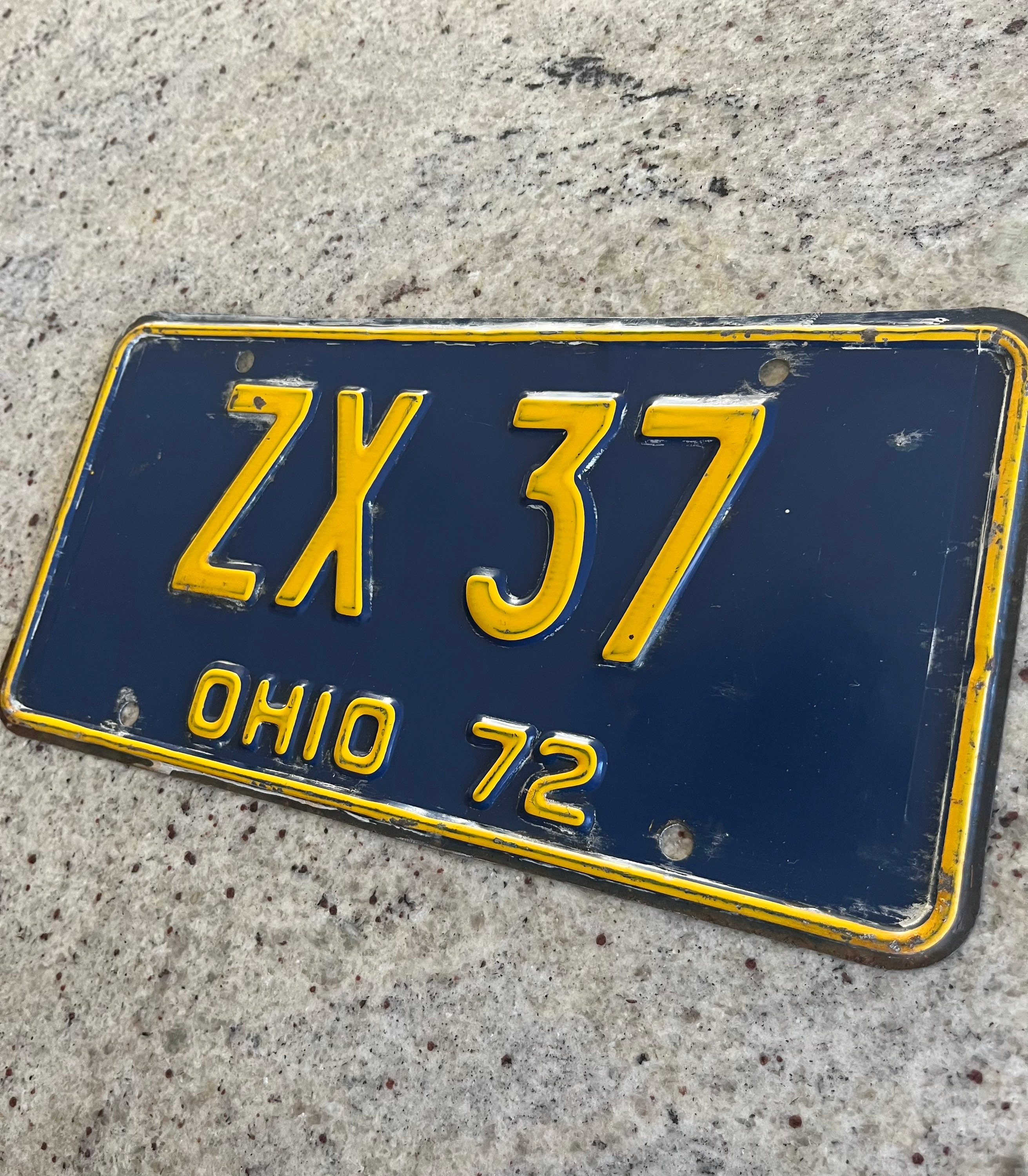 Vintage 1972 Ohio License Plate Blue & Yellow Embossed ZX 37 Nice