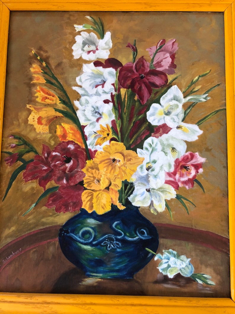 Vintage 1974 Bouquet of Flowers in Blue Vase Oil on Canvas Painting 20 ...