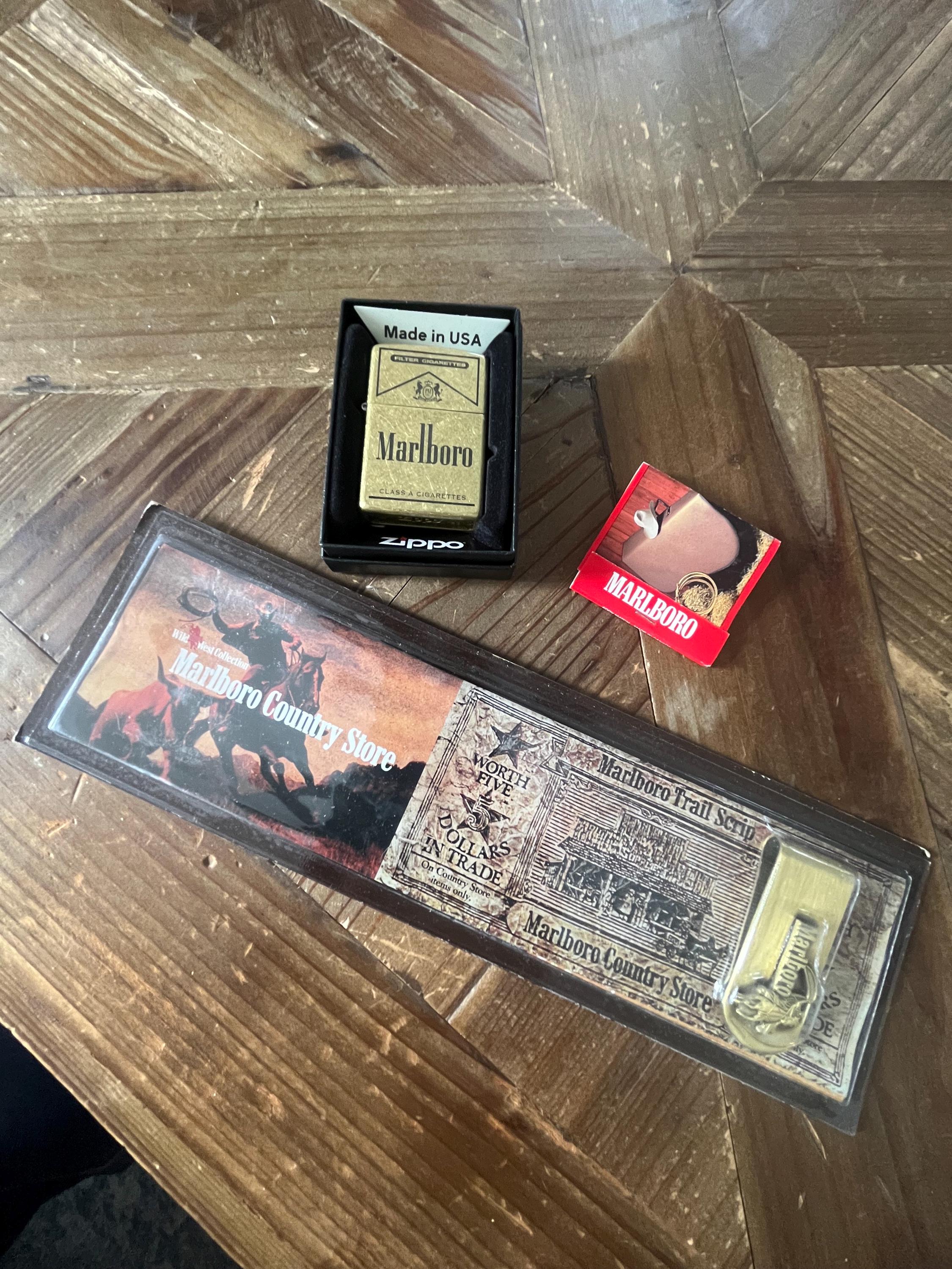 Vintage 90s Marlboro Brass Money Clip and Brass Zippo Lighter Gift
