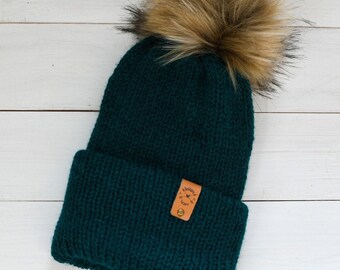 Cozy AF | Teal Double Brim Knit Minimalist Slouchy Hat | Removable Pompom Hat