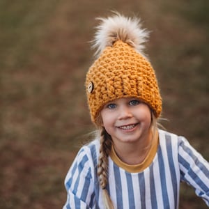 Classic- Crochet Hat Removable Faux Fur Pompom | Mustard