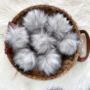 Grey Wolf Luxury Faux Fur Pompom | Pom pom with Ties, Buttons or Snaps