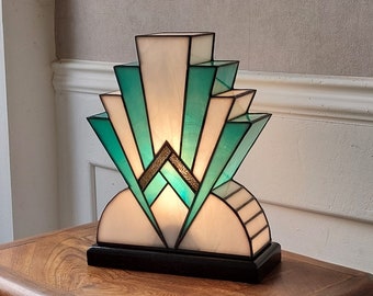 Art Deco Tiffany Stained Glass Lamp "1922" BlueGreen 30 cm