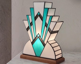 Art Deco Tiffany Stained Glass Lamp "1922 Blue Green L" (35 cm)