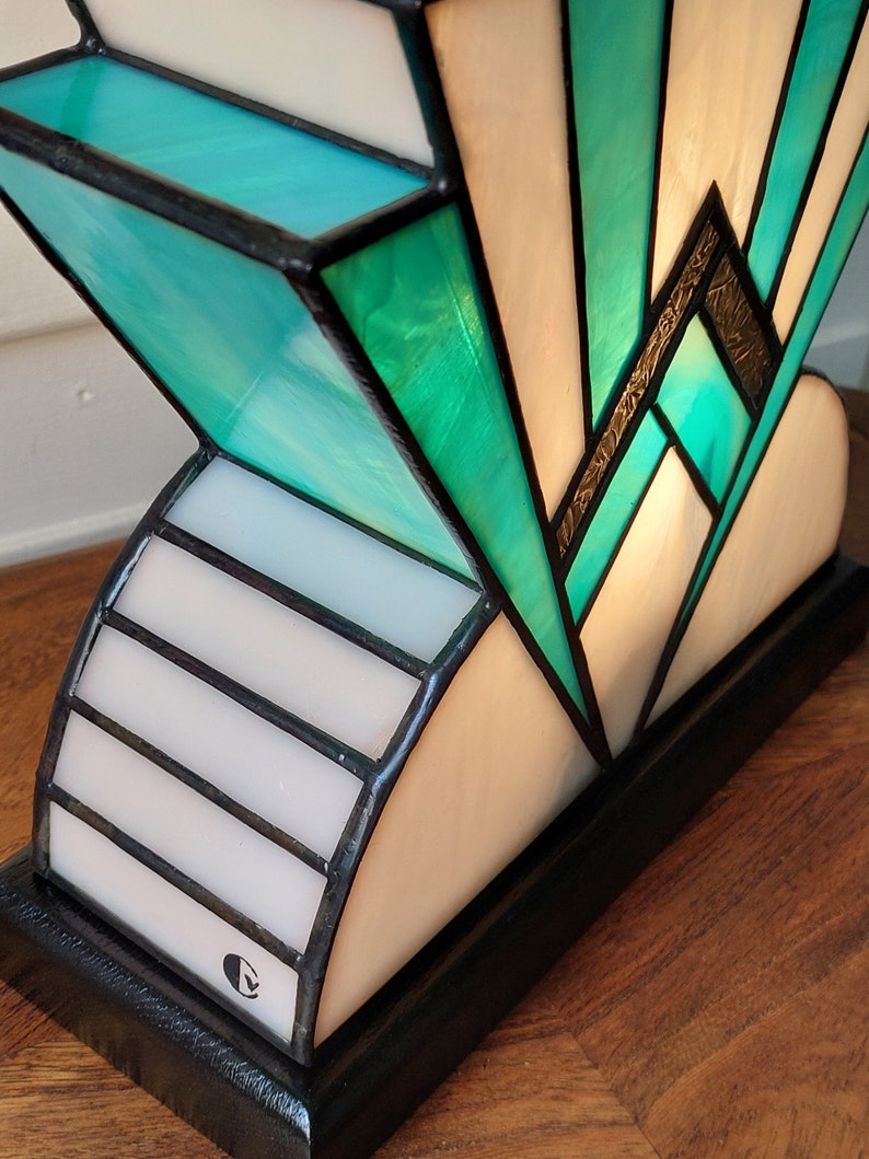 Art Deco Tiffany Stained Glass Lamp 1922 BlueGreen 30 cm image 6