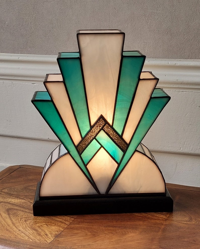 Art Deco Tiffany Stained Glass Lamp 1922 BlueGreen 30 cm image 3