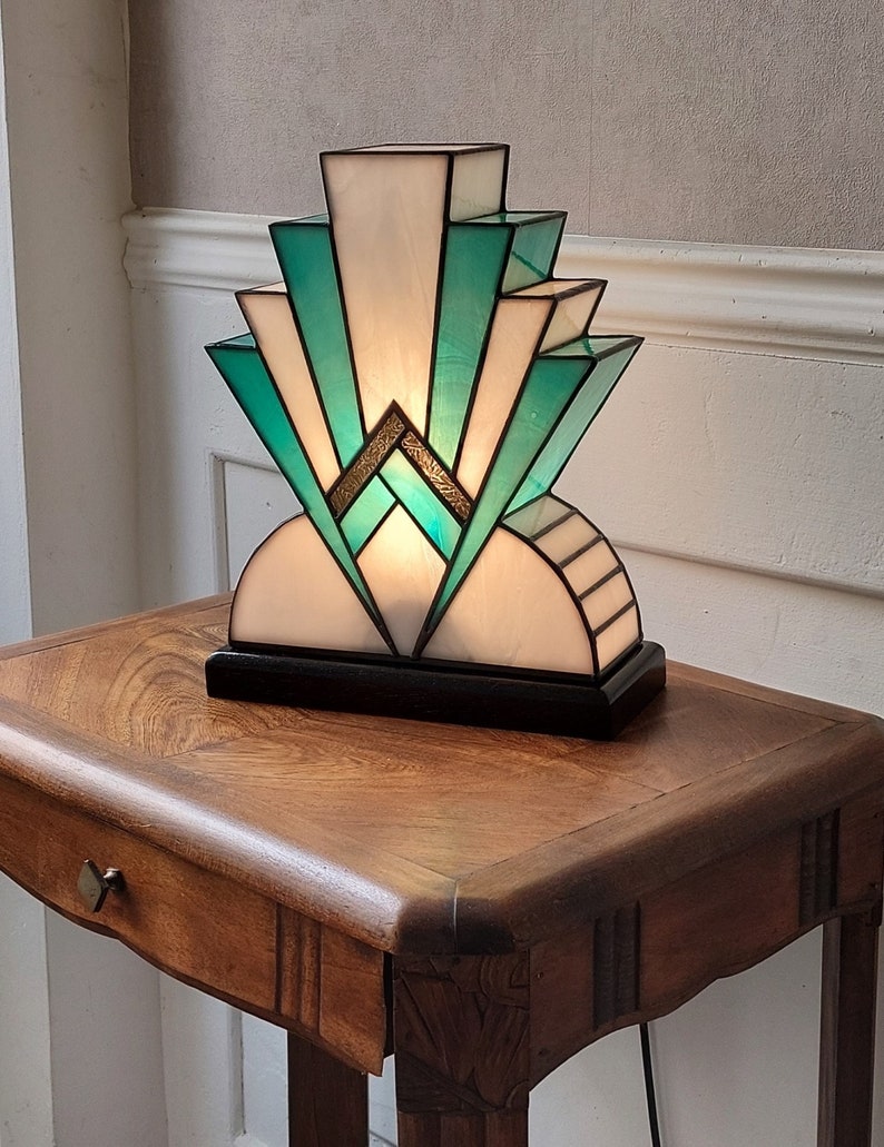Art Deco Tiffany Stained Glass Lamp 1922 BlueGreen 30 cm image 1