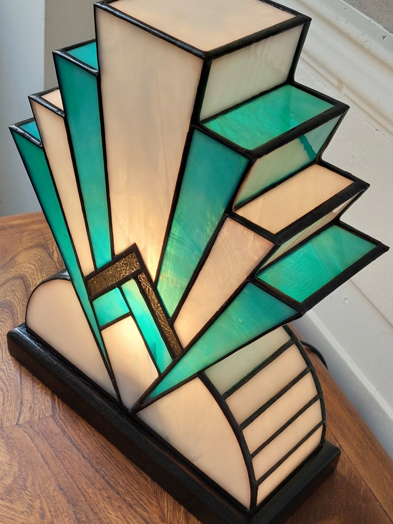Art Deco Tiffany Stained Glass Lamp 1922 BlueGreen 30 cm image 5