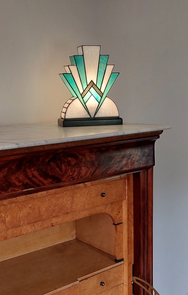 Art Deco Tiffany Stained Glass Lamp 1922 BlueGreen 30 cm image 8