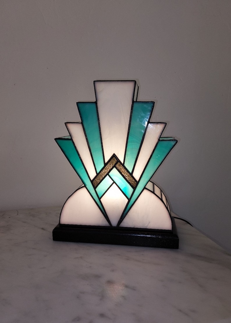 Art Deco Tiffany Stained Glass Lamp 1922 BlueGreen 30 cm image 7