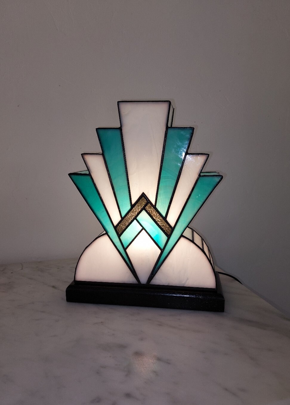 Art Deco Stained Glass Tiffany Lamp 1922 BlueGreen 30 cm