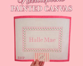 Custom Hand-Painted Needlepoint Canvas | Personalized Preppy Pillow Pattern | Floral Name or Initial Design