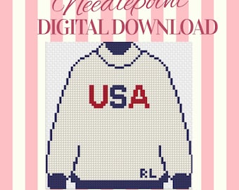 USA Sweater Needlepoint Pattern PDF | Preppy Needlepoint Design | Patriotic Stitch Chart