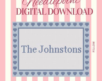 Custom Last Name Needlepoint Pillow Pattern | Heart Border Canvas Chart (Digital Download)