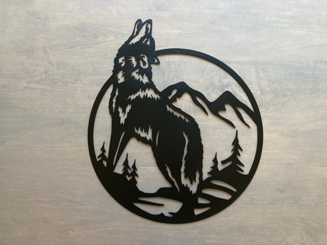 Large Metal Wolf Wall Scene. Wolf Metal Art. Wolf, Mountains Metal