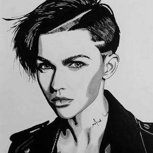 May include: Black and white drawing of a person with short, dark hair wearing a black leather jacket. The person has a serious expression and is looking to the side.