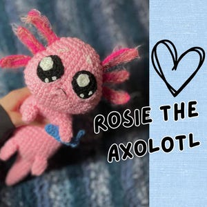 Może przedstawiać: Ręcznie robiona różowa szydełkowa pluszowa axolotl z czarno-białymi oczami i różowymi skrzelami. Axolotl ma smutny wyraz twarzy i niebieski akcent. Tekst "Rosie the Axolotl" jest napisany w kolorze czarno-białym. Czarne serce znajduje się na jasnoniebieskim tle.