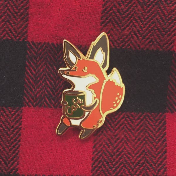 Fox Coffee - enamel pin fox with coffee, gold plating, red fox with a green mug