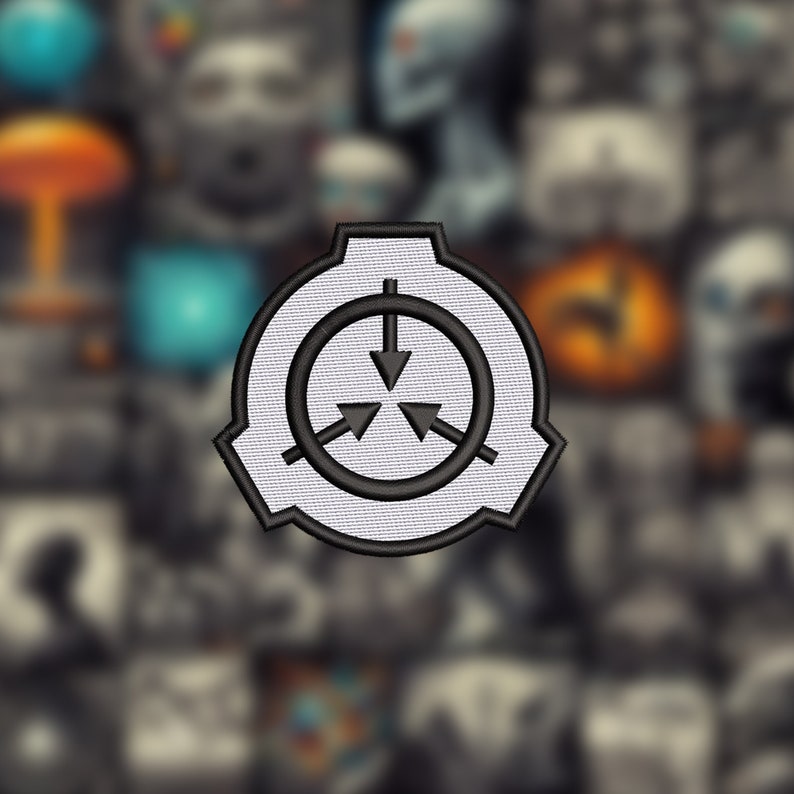 May include: A white embroidered patch with a black circle containing three black arrows pointing inwards. The circle is surrounded by a white ring with a black border. The patch is a symbol of the fictional organization known as the SCP Foundation.