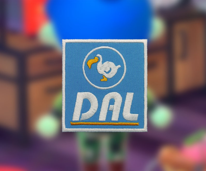 May include: A blue and white embroidered patch with a white dodo bird inside a circle and the text "DAL" below the circle.