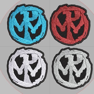 May include: Four embroidered patches with a black and white design of a stylized face with a single eye and three teeth. The patches are in four different colors: blue, red, white, and gray.