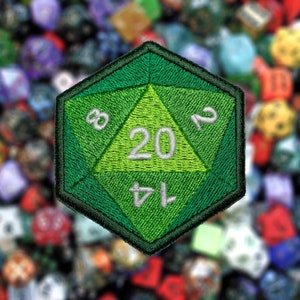 May include: Green twenty-sided die with white numbers, 1, 4, 7, 8, 12, 20, embroidered on a green fabric patch.