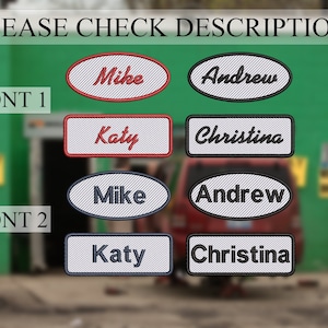 May include: Two rows of embroidered name patches, each with four names. The top row has the names "Mike", "Andrew", "Katy", and "Christina" in a red cursive font on a white background. The bottom row has the same names in a black font on a white background with a grey striped pattern.