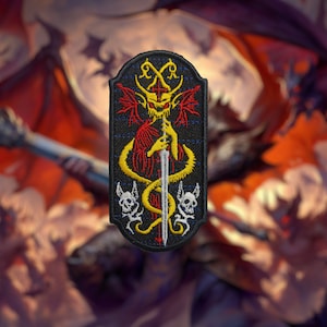 May include: Embroidered patch featuring a red and yellow demon holding a sword, surrounded by a yellow snake and two white skulls. The background is black with blue stitching.