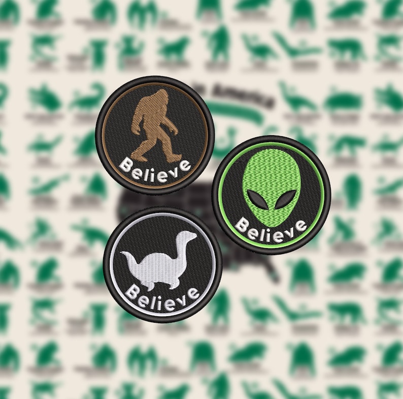 May include: Three embroidered patches with black borders. One features a brown Bigfoot, another a green alien head, and the last a white dinosaur-like creature. Each patch has the word "Believe" in white.