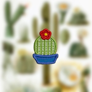 May include: A green cactus with a red flower on top, in a blue pot. The cactus is embroidered and has a white background.