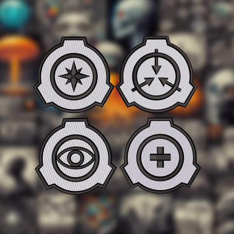 May include: Four white circular patches with black borders and different symbols in the center. The symbols are a star, a downward pointing arrow, an eye, and a plus sign.