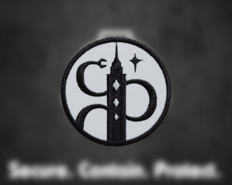 May include: Black and white embroidered patch featuring a stylized building with a star above it. The building is surrounded by a snake-like design.