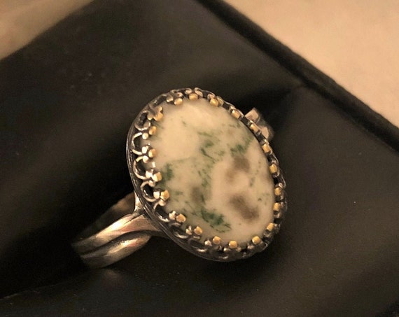 Tree Agate adjustable ring encased in a Silver Plated Crown Bezel Setting.