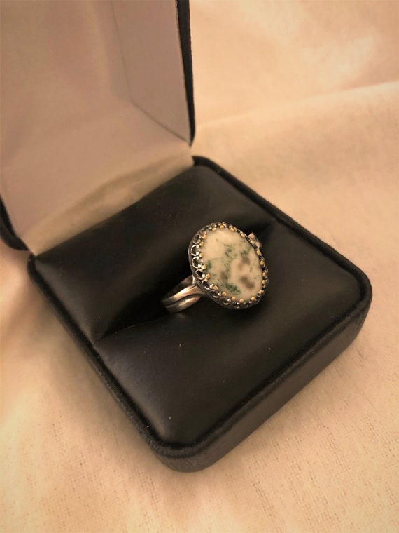 Tree Agate adjustable ring encased in a Silver Plated Crown Bezel Setting.