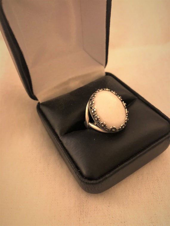 White Quartzite Adjustable Ring Encased in a Silver-Plated Crown Bezel Setting