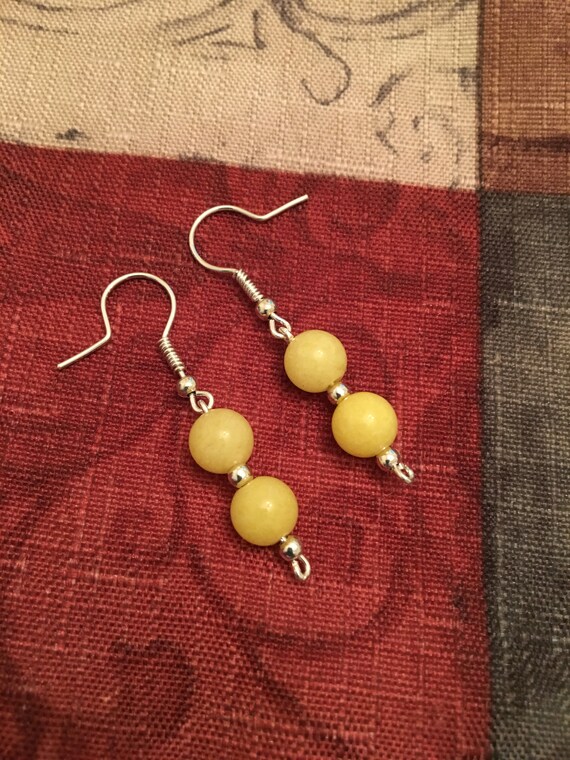 Yellow Jade Beaded Earrings wrapped with Sterling Silver Wire.