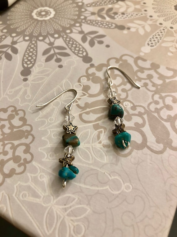 Natural Turquoise Earrings w/ Pewter Stars, Swarovski Crystals & Sterling Silver Wire.
