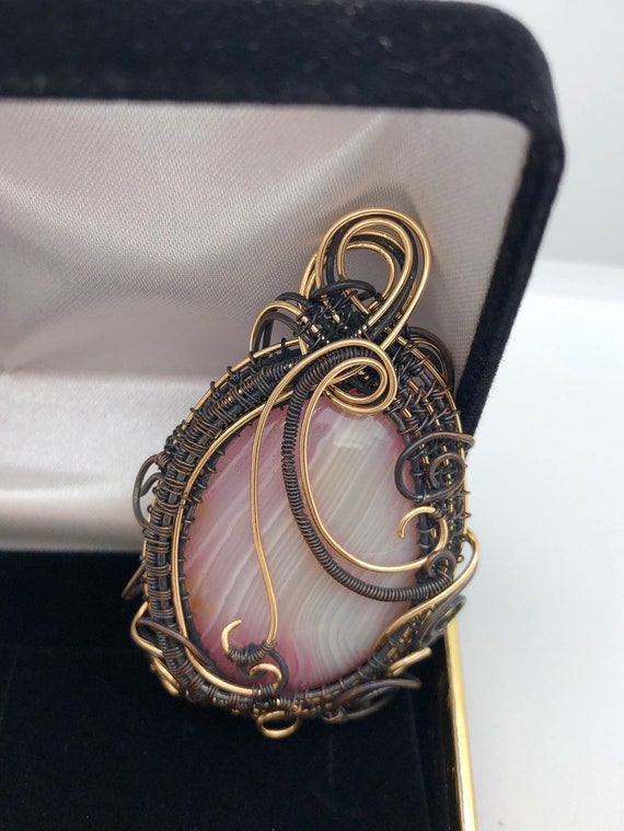 Pink Striped Agate Pendant Necklace w/ 14K Gold Filled and Oxidized Copper Wire Weave.