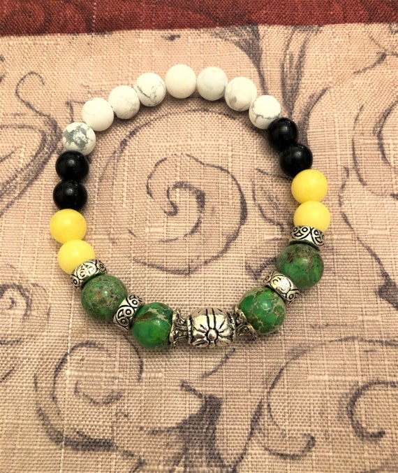Imperial Jasper Beaded Bracelet with Yellow Jade, Black Jasper & Howlite beads