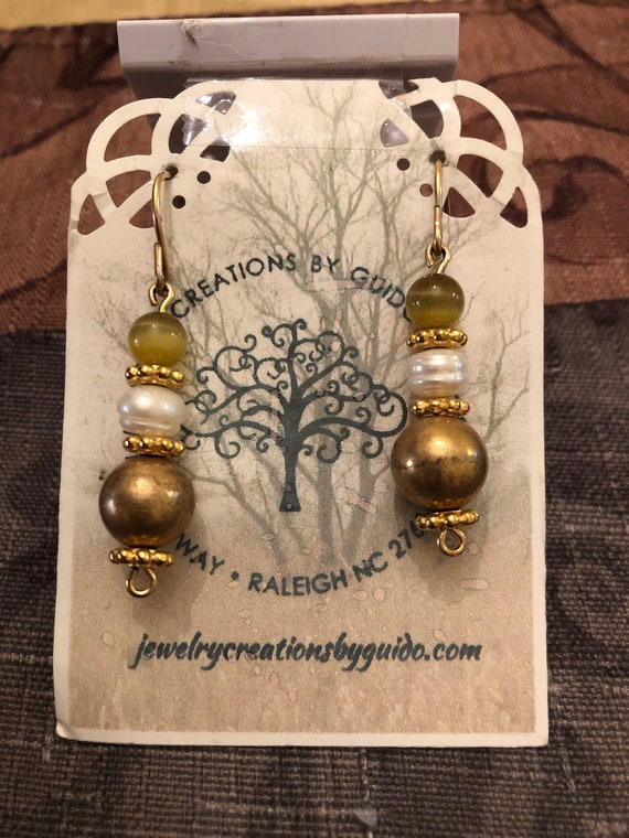 Fresh Water Pearl, Cats Eye, Gold Plated Beaded Earrings wrapped with 14K Gold Filled Wire.