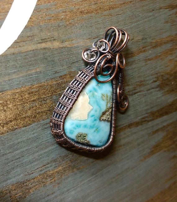 Larimar Teardrop Pendant Necklace using a Feather Wire Weave.   Larimar properties are Love, Personal Power and Healing
