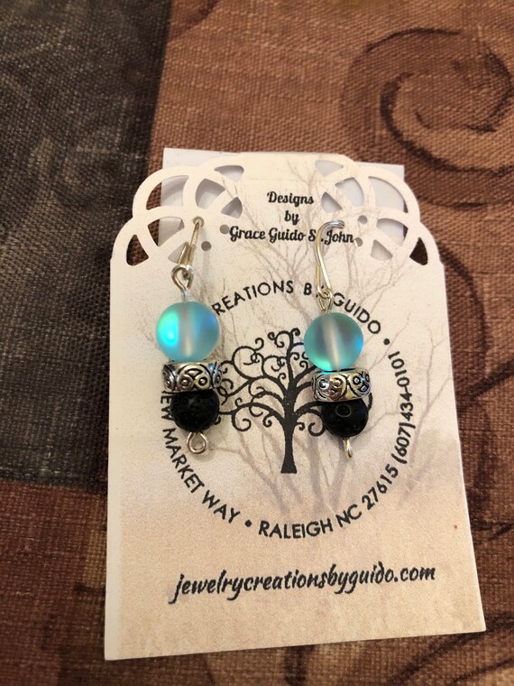 Aroma Therapy Earrings (blue) featuring Lava Rock Beads and wire wrapped with Sterling Silver Wire