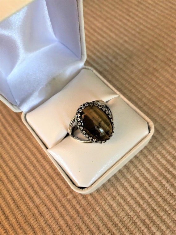 Tiger Eye adjustable ring in a Silver Plated Crown Setting